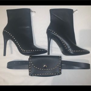 Stud Heeled Booties with Waist Bag